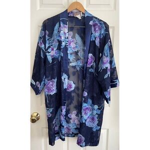 California Dynasty Vintage Robe Kimono Duster Blue Purple Floral Sheer (NO BELT)